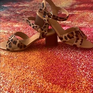 J. Crew Leopard calf hair low block-heel sandals